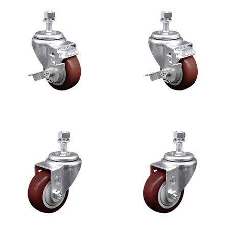 Service Caster 3 Inch Maroon Polyurethane Wheel Swivel 1/2 Inch Threaded Stem Caster Brakes, 2PK SCC-TS20S314-PPUB-MRN-TLB-121315-2S2